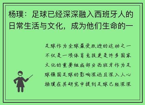 杨璞：足球已经深深融入西班牙人的日常生活与文化，成为他们生命的一部分